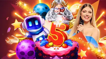 Image featuring characters such as Zeus and a robot, promoting the 5-year anniversary Pragmatic Tournament at Aurora Online Casino, with a colorful and festive design.